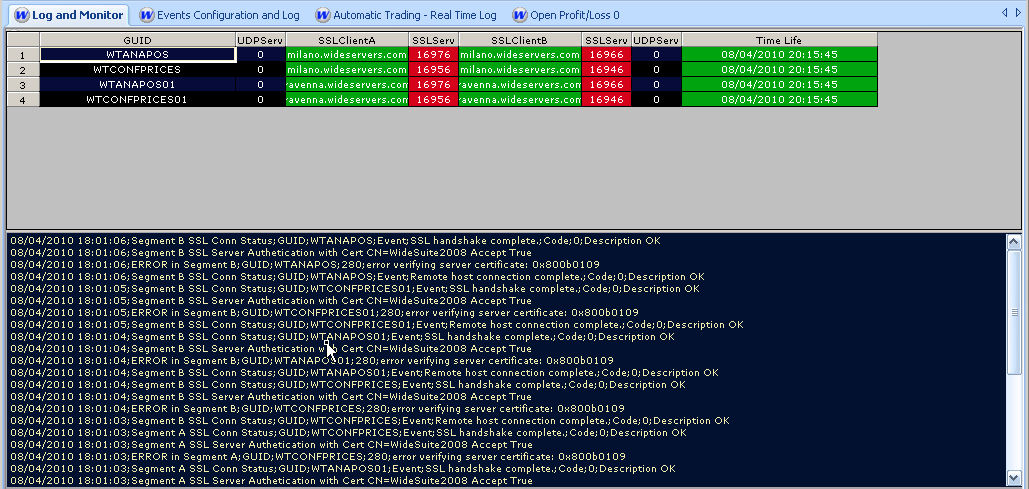 5 Log and Monitor Questa finestra mostra i dettagli sulle connessioni correnti e permette di creare dei file, in caso di anomalie del WT, utili al servizio di supporto tecnico.