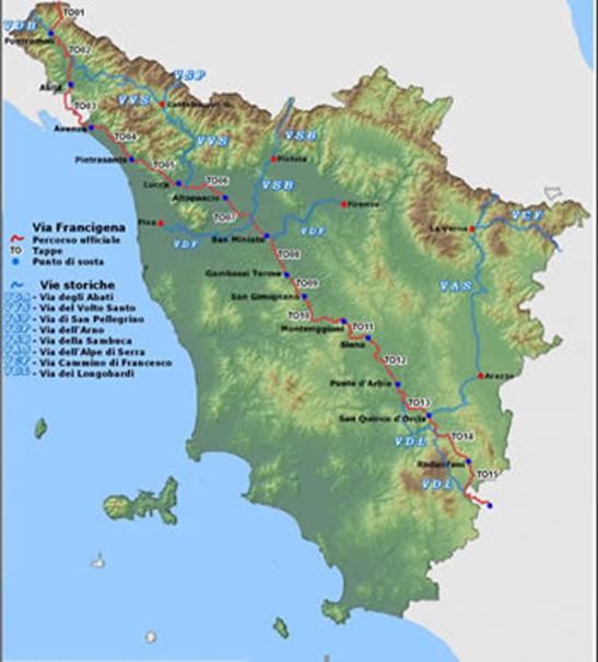 La Via Francigena in Italia Il percorso in Italia Il percorso ufficiale, fedele a quello narrato dall'arcivescovo Sigerico nei suoi Diari, ha una lunghezza di 1.