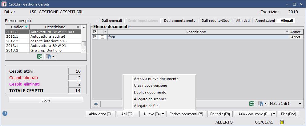compilare con tutti i dati richiesti dal modello di comunicazione è possibile consultare la scheda del cespite Allegati con Gestione Documentale attivata premendo F4 nuovo è possibile archiviare (in