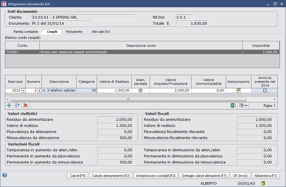 Parziale scegliere il cespite da alienare parzialmente fleggare alienazione parziale ed indicare il valore di acquisto/produzione oppure il valore ammortizzabile del cespite venduto (attenzione i 2