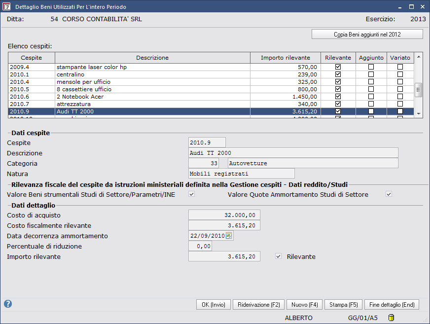 Valore Beni Strumentali per Studi di Settore/Parametri con il tasto dettaglio è possibile visualizzare e modificare l'elenco dei beni riportati in automatico dalla procedura per i soggetti che hanno