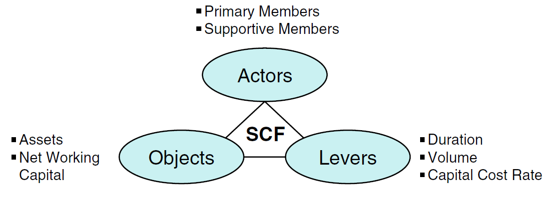 1.3.2 Framework Per descrivere il concetto di SCF bisogna esaminare le tre dimensioni presentate in Figura 7: gli asset (elementi) finanziati, i membri partecipanti (attori) e i termini del