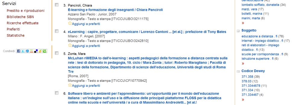 SBN ricerca di libri per CDD e soggetti Il menù di destra offre la possibilità di rilanciare la ricerca effettuando dei Filtri per livello bibliografico, tipo di documento, autore, anno di