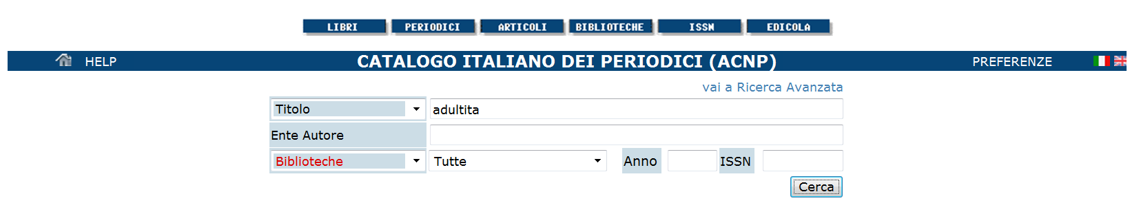 ACNP ricerca e risultati - riviste Titolo della rivista nella maschera iniziale.