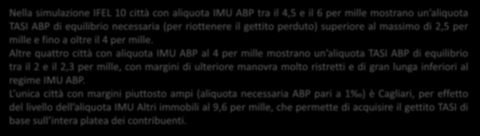 aliquota TASI ABP 4,500 4,00 3,500 3,00 2,500 2,00 1,500 1,00,500,00 Bari Cagliari Firenze Reggio Calabria Venezia Palermo Bologna Genova Napoli Roma Torino Brescia Catania Messina Milano Fonte: