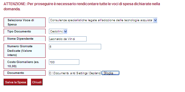 Il formato del valore da inserire nel campo Numero Giornate Dedicate non può contenere virgole. L importo inserito nel campo Costo Giornaliero, invece, deve contenere la virgola e due cifre decimali.