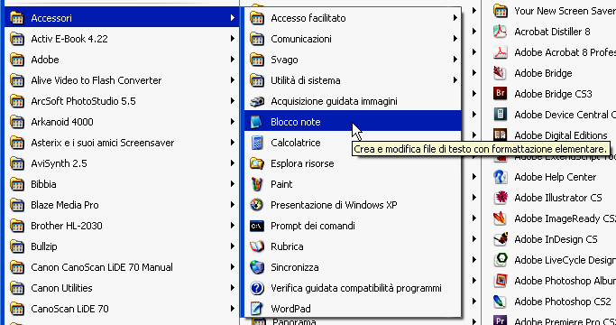 Pag. 2 [Note per l uso del Back-end del sito di Studium Cartello] 3. Aprire il blocco note di windows (da START>Tutti i programmi): 4.