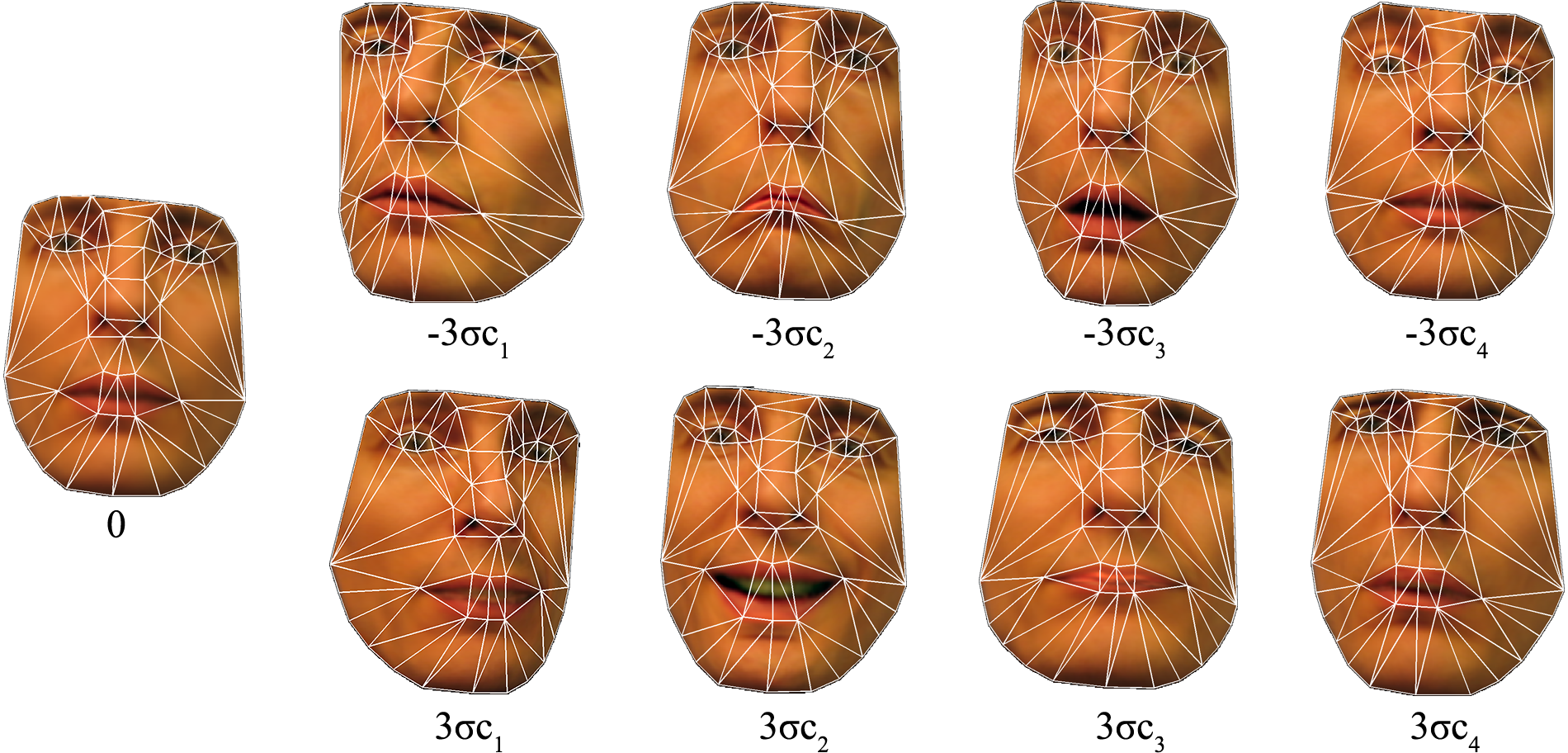 CAPITOLO 2. ACTIVE APPEARANCE MODELS TRADIZIONALI Figura 2.8. Un esempio di modello combinato di un AAM, nuovamente espresso in termini di 3 deviazioni standard dalla media (che stavolta e ).