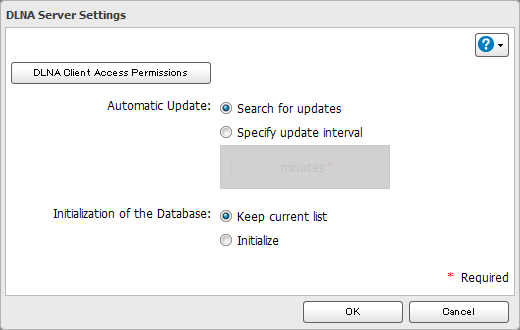 2 Fare clic su a destra di "DLNA Server (Server DLNA)". 3 Cliccare su [DLNA Client Access Permissions (Client multimediali DLNA autorizzati)].