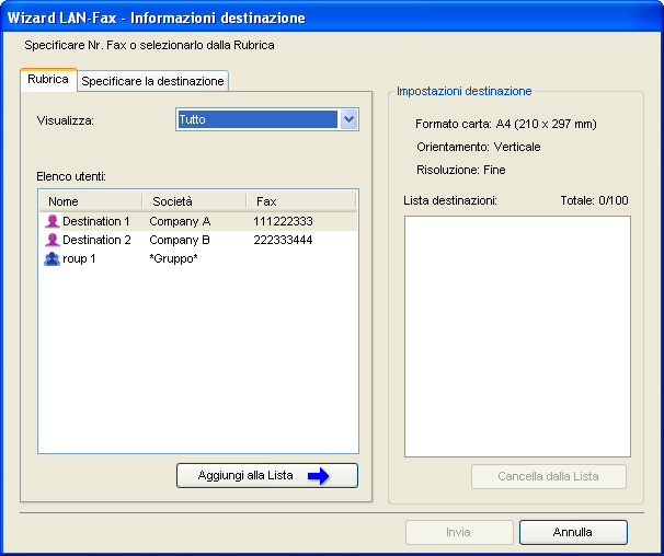 Uso della funzione fax da un computer (LAN-Fax) Non è possibile esportare o importare i dati dei gruppi. Nella rubrica LAN-fax è possibile registrare fino a 1000 destinazioni.