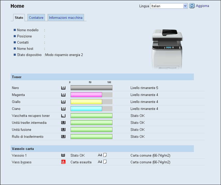 Verificare le informazioni di sistema Verificare le informazioni di sistema Fare clic su [Home] per visualizzare la pagina principale di Web Image Monitor.