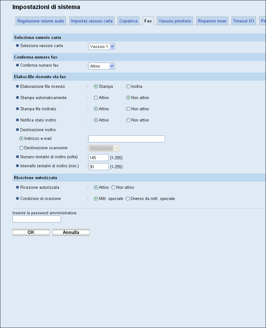 Configurare le impostazioni di sistema Seleziona vassoio carta Voce Seleziona vassoio carta Descrizione Selezionare il vassoio per la stampa dei fax scegliendo tra [Auto], [Vassoio 1] o [Vassoio 2].