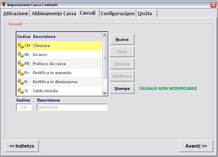 2.3 Definizione delle causali di movimentazione della cassa Nella linguetta Causali sono presenti causali di movimentazione predefinite che servono per una corretta gestione della Cassa Contanti.