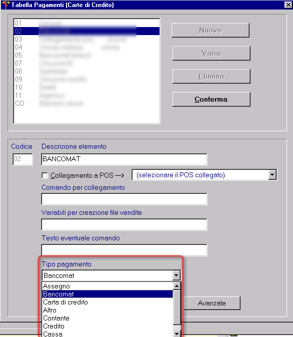 2.5 Configurazione dei tipi di pagamento Dal menù principale di Wingesfar accedere a Opzioni Utente selezionare la tabella Vendita al banco: pagamenti (carte credito): è necessario configurare