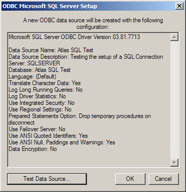 15. Nella finestra Installazione di SQL Server controllare le opzioni e fare clic su Test origine dati per effettuare il test della connessione. 16.