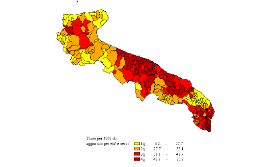 La distribuzione geografica regionale del tasso di ospedalizzazione non evidenzia aree di maggior ricorso all ospedalizzazione.