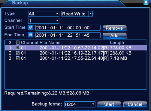 4.2.3 Backup È possibile eseguire il backup dei file video di memorizzazione esterna attraverso il setup. Appunto: Se il backup è terminato, si può riprodurre singolarmente. Immaginate 4.