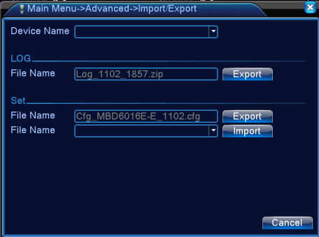 Pic 4.56 Info dispositivo 4.5.8 Import / Export Gli utenti possono esportare le informazioni di log e il file di configurazione da una penna USB.