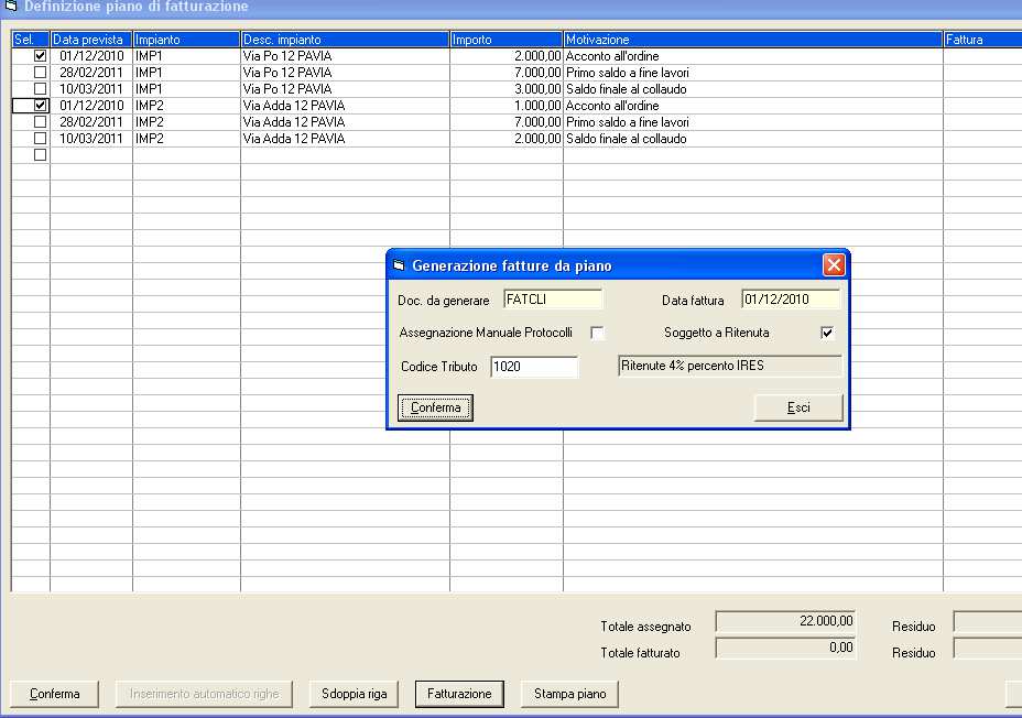 Per procedere, selezionare le righe attivando il flag nella colonna Sel e cliccare sul tasto Fatturazione Si apre una nuova maschera che richiede i seguenti dati: Doc.