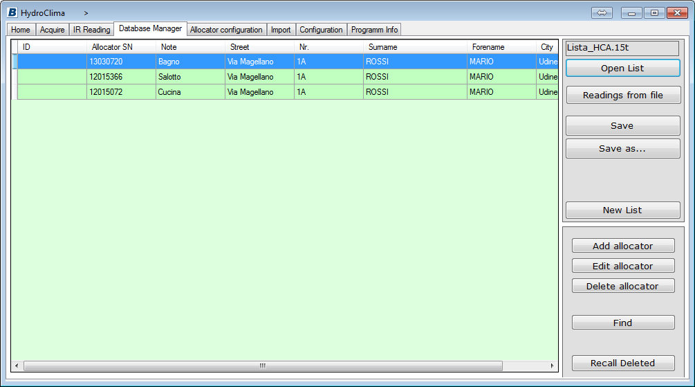 4.4 Database Manager - Gestione lista Tab to operate allocator database which has to be read.