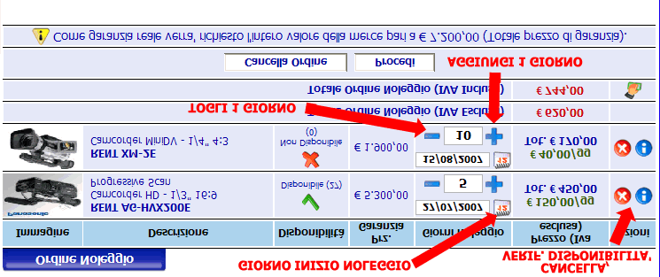 L interfaccia sottostante si compone di quattro bottoni: Preventivo: Aggiunge al Carrello Preventivo Noleggio il prodotto scelto Noleggia: Aggiunge al Carrello Noleggio il prodotto scelto Acquista