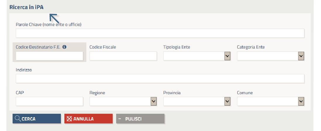 A questo punto si accede ad una finestra con varie opzioni di ricerca (per nome, codice fiscale, regione, tipologia, ) che, opportunamente compilate, permettono di individuare la PA destinataria