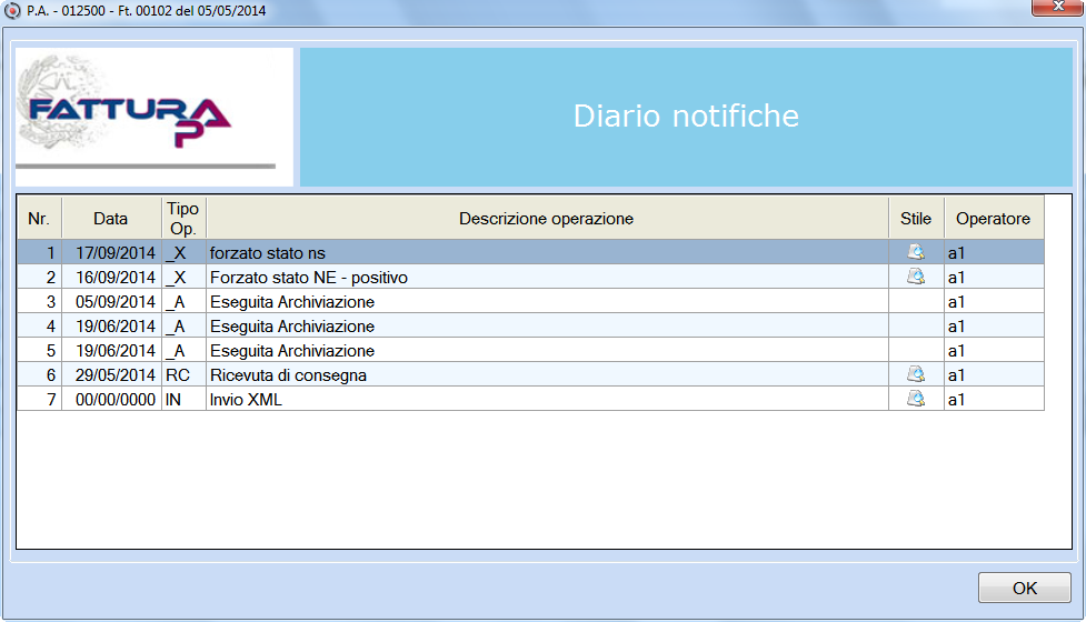 Cliccando sull'icona della colonna "Esito" si apre la seguente videata: Campo Nr Data operazione Stile Operatore descrizione Numero sequenziale delle Notifiche.