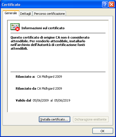 Nella finestra Certificato selezionare Installa certificato