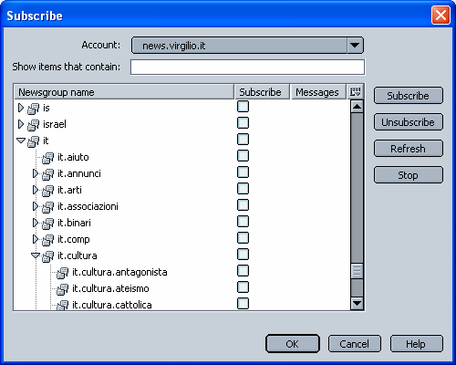 figura 41 Netscape Mail 7: L'elenco dei newsgroup disponibili su un determinato news server; per aggiungerne uno all'albero delle cartelle, basta un click sul quadratino accanto al nome I newsgroup