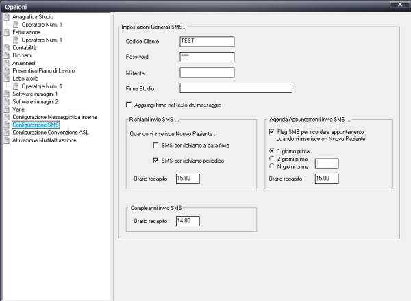 Configurazione SMS In questa sezione vengono inseriti i parametri necessari all'invio di SMS con ConfiDENT. Codice Cliente : viene fornito da Media Lab al momento dell'acquisto di sms.