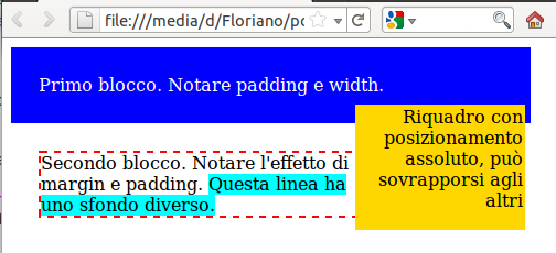 Box model esempio 1... <link type="text/css" rel="stylesheet" href="./css_1.css" />... <div id="uno"> Primo blocco. Notare padding e width. </div> <div id="due"> Secondo blocco.