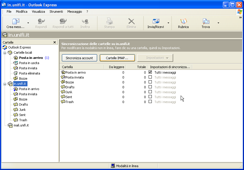 Client IMAP: impostare Outlook-Express 8) Premere il tasto Sincronizza