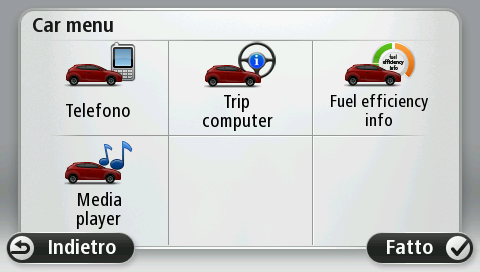 Il Car Menu ha il seguente aspetto per i diversi tipi di auto: Telefono Puoi usare il dispositivo di navigazione Blue&Me-TomTom 2 LIVE per gestire le chiamate in vivavoce.