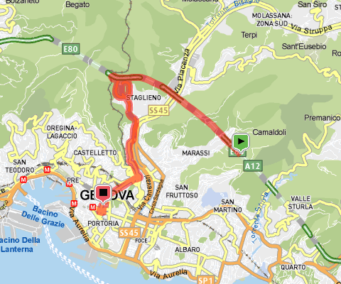 Percorso dall Autostrada Uscire dall'autostrada Svincolo Genova Est; Girare a destra in Giardini Alberto Nobile; Girare a sinistra in Via Bobbio/Ss45; Girare a destra in Via Leonardo Montaldo; Girare