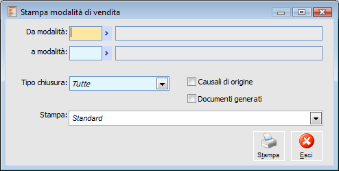 P O S 7. 0 - A D H O C R E V O L U T I O N Stampa modalità di vendita Questa stampa consente di ottenere in forma cartacea tutti i dati relativi alle modalità di vendita.