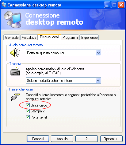 P O S 7. 0 - A D H O C R E V O L U T I O N Disco nella pagina Risorse locali della maschera di opzioni di Connessione Desktop Remoto al momento della connessione.