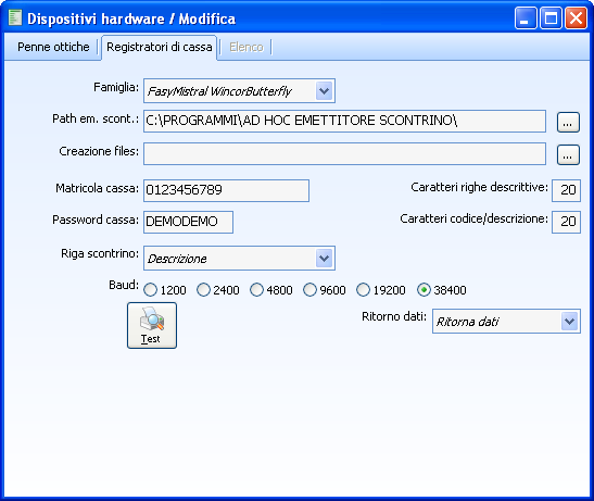 P O S 7. 0 - A D H O C R E V O L U T I O N Dispositivi hardware installati: Registratori di Cassa Famiglia Tale campo indica la tipologia di registratore di cassa collegato alla postazione.