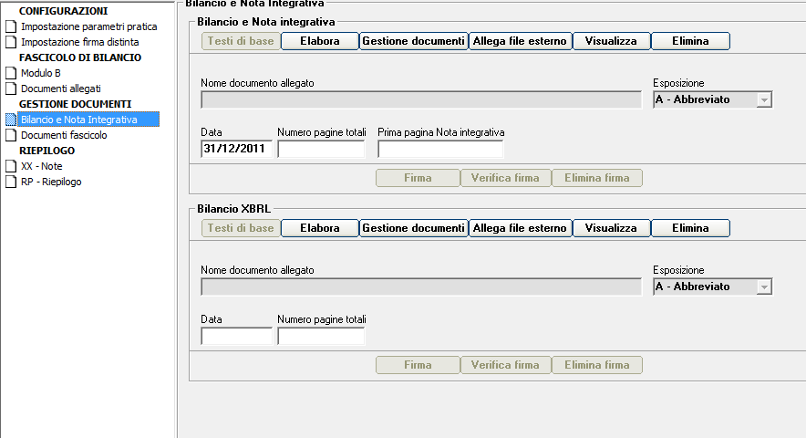 FASCICOLO Tralasciando tutte le altre informazioni da inserire, semplici e intuitive, nella parte relativa a Bilancio e Nota Integrativa è necessario allegare la Nota e il file Xbrl (a seguire un