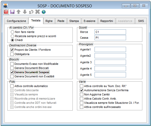 Configurazione documenti Nella pagina Testa è presente il check box Genera documento sospeso che indicherà al sistema come poi trattare i documenti di questo tipo.