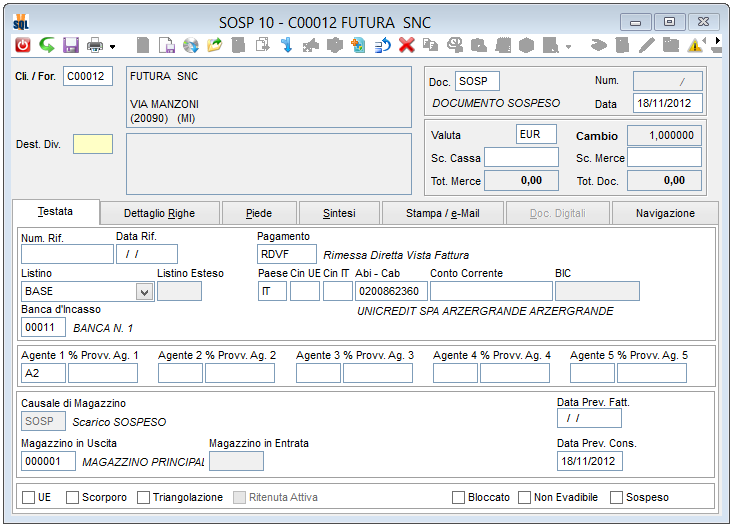 Input documenti - testata Nel piede della pagina di testa è presente il check box Sospeso, che sarà automaticamente valorizzato in base alla combinazione tra configurazione documenti ed