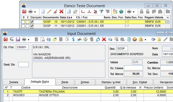 Al salvataggio del documento prelevante le righe totalmente evase dei documenti sospesi verranno eliminate, mentre quelle parzialmente prelevate saranno aggiornate.