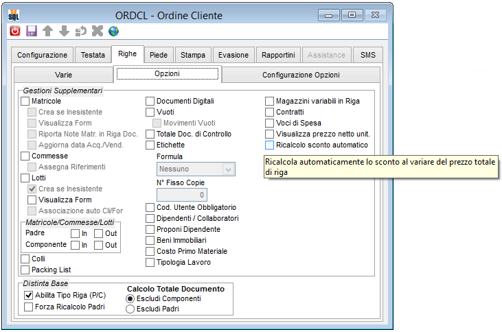 Ricalcolo sconto automatico & Sconto in valore Nella procedura di configurazione documenti, alla pagina Righe \ Opzioni, è utilizzabile il parametro Ricalcolo sconto automatico : Come è facile