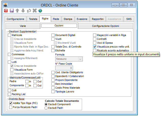 Visualizza prezzo netto Nella pagina Righe \ Opzioni della procedura di configurazione documenti è presente il parametro Visualizza prezzo unitario netto : Grazie a questa opzione in input righe