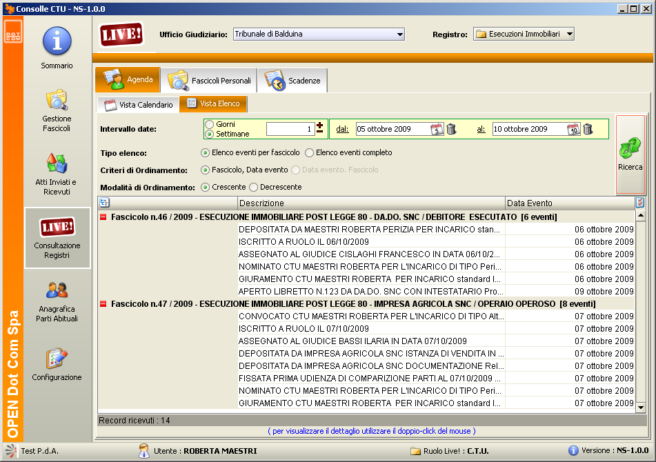 Figura 98 Agenda Vista Elenco (elenco eventi per fascicolo, ordinamento per fascicolo, crescente) 18.2.