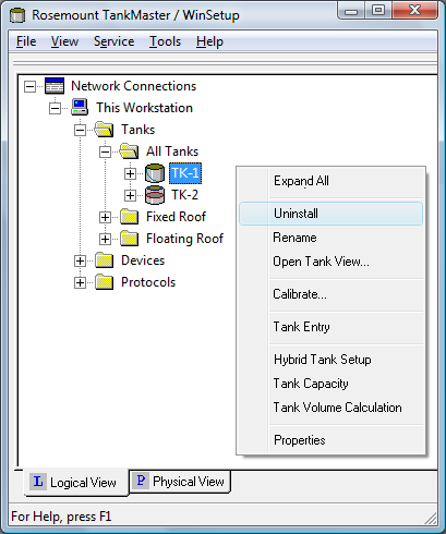 Manuale di configurazione del sistema Rosemount Raptor 5.11.6 Disinstallazione di un serbatoio Per rimuovere un serbatoio dall'area di lavoro di WinSetup: 1.