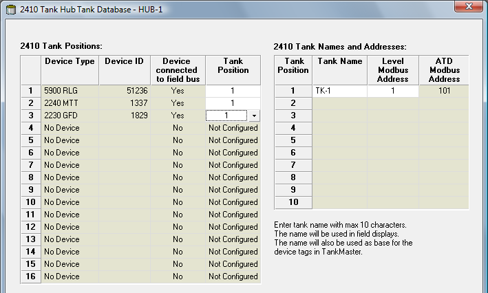 Rosemount Raptor Manuale di configurazione del sistema Setup del database serbatoi Ciascun serbatoio è rappresentato da una posizione nel database serbatoi Rosemount 2410.