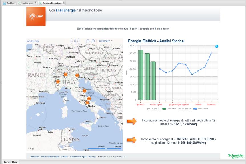 Piattaforma REM Monitoraggio dei consumi Geolocalizzazione I siti sono visualizzati su mappa sulla base dell indirizzo di fornitura Possono esserne valutati i consumi e variati i parametri