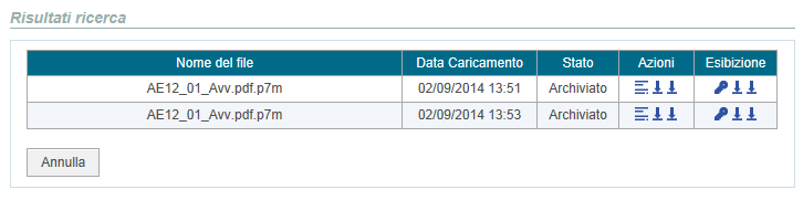 I risultati di ricerca vengono visualizzati in formato tabellare con i seguenti campi: Nome File. Data Caricamento. Stato. Azioni. Esibizione, in caso di Documento Archiviato.