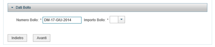 La barra Dati Bollo se selezionata presenta i seguenti campi. Figura 33 - Dati Bollo Il Cliente inserisce il seguente campo Importo Bollo (obbligatorio).