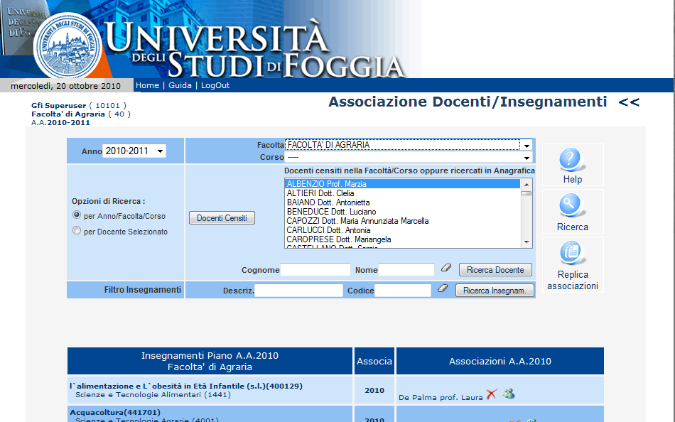 Selezionando un corso di laurea, la lista sottostante viene automaticamente aggiornata con le informazioni relative alle associazioni